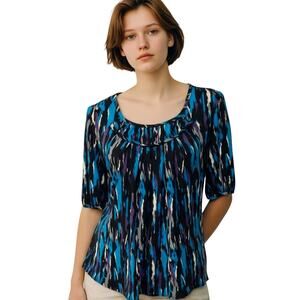 Abstract Print Blouse🖤💙 Petite Medium Short Sleeve Black Blue Purple